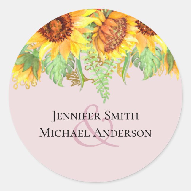 Blush Pink with Sunflowers Wedding Budget Classic Round Sticker (Front)