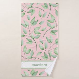 Blush Pink with Watercolor Leaves and Name Bath Towel