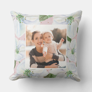 Blush Pink with White Floral and Dots Photo Cushion