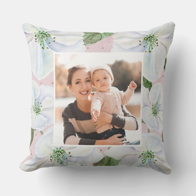 Blush Pink with White Floral and Dots Photo Cushion (Front)
