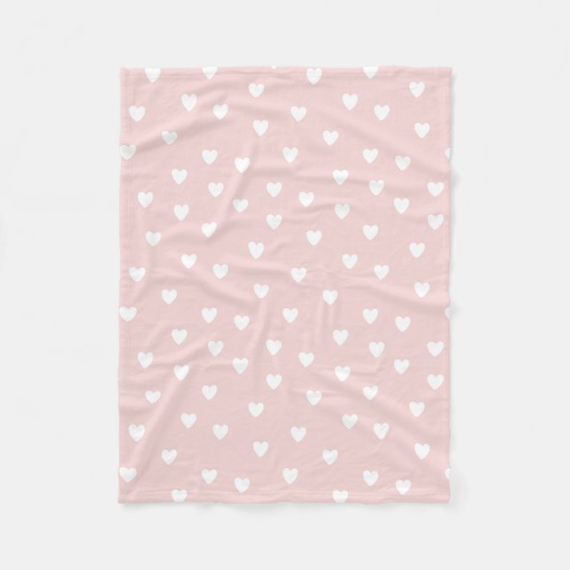 Blush Pink with White Hearts Fleece Blanket (Front)