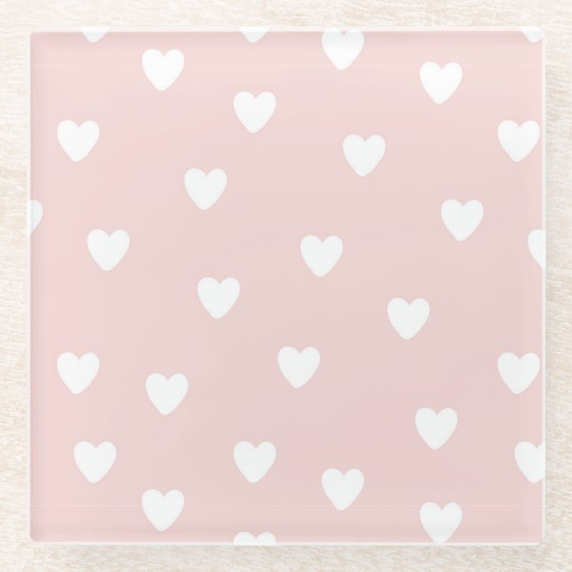 Blush Pink with White Hearts Glass Coaster (Front)