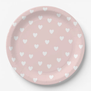 Blush Pink with White Hearts Paper Plate