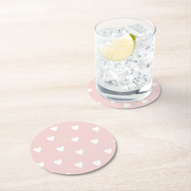 Blush Pink with White Hearts Round Paper Coaster (Insitu)