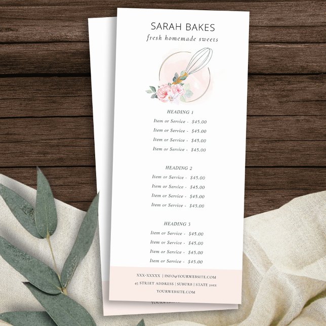 Blush Pink Wood Whisk Floral Bakery Service Price Rack Card (Creator Uploaded)