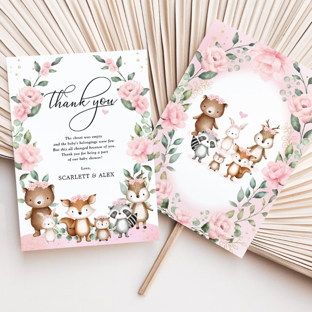 Blush Pink Woodland Floral Animals Baby Shower Thank You Card (Creator Uploaded)