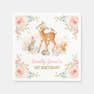 Blush Pink Woodland Forest Animals Floral Birthday Napkin