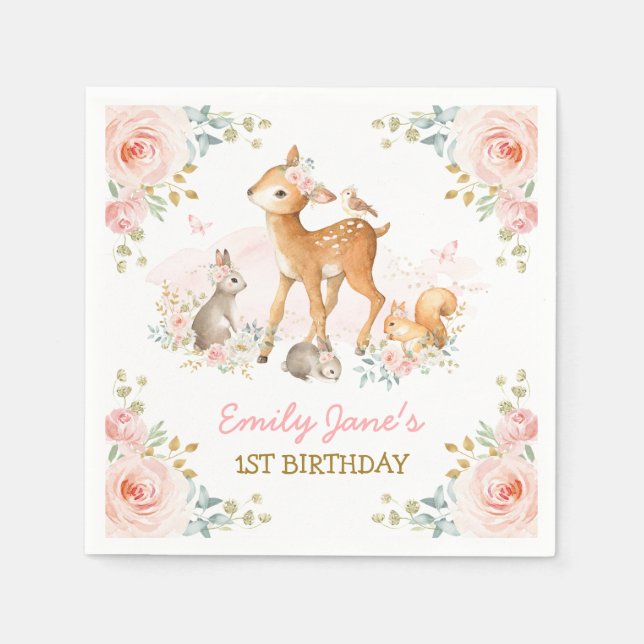 Blush Pink Woodland Forest Animals Floral Birthday Napkin (Front)