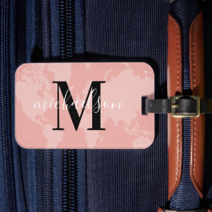 Blush Pink World Map Script Monogram Luggage Tag