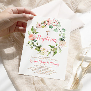 Blush Pink Wreath Baby Girl Baptism Invitation