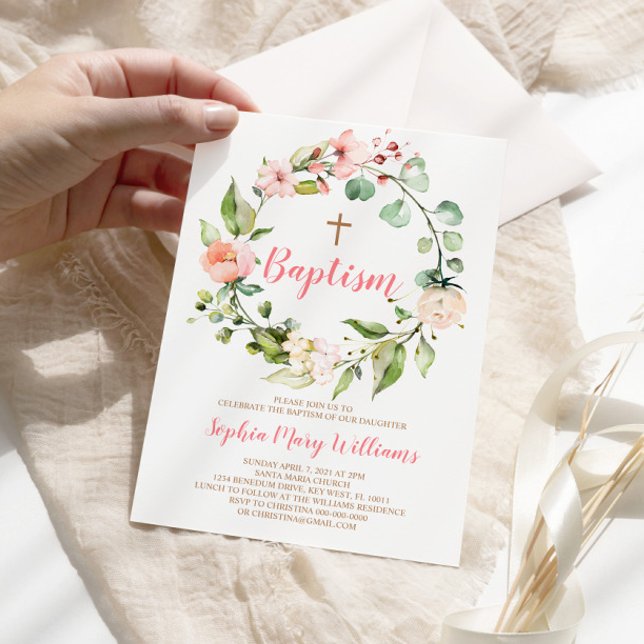 Blush Pink Wreath Baby Girl Baptism Invitation (Creator Uploaded)
