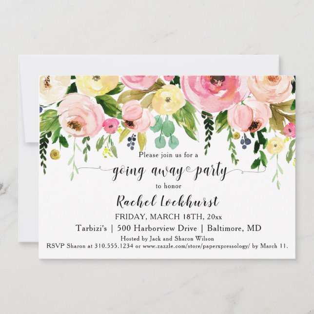 Blush Pink Yellow Floral Blooms Going Away Party  Invitation (Front)