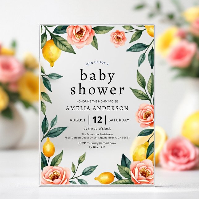 Blush Pink Yellow Floral Lemon Citrus Baby Shower Acrylic Invitations (Creator Uploaded)