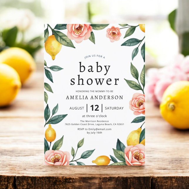 Blush Pink Yellow Floral Lemon Citrus Baby Shower Invitation (Creator Uploaded)
