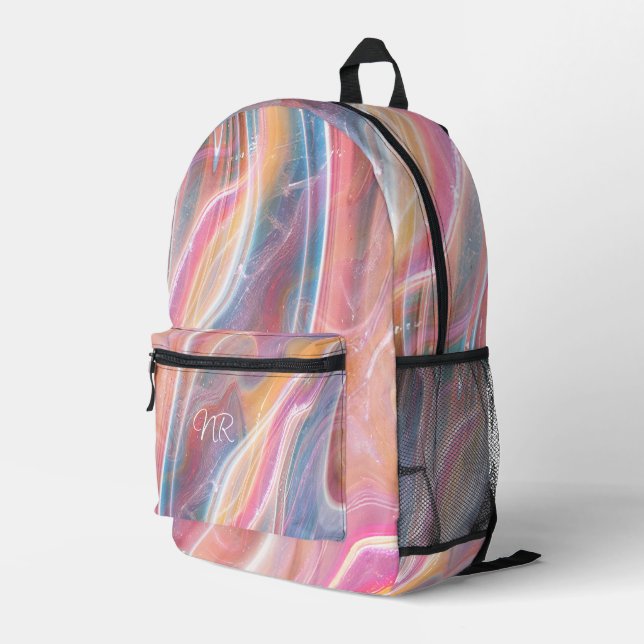  Blush Pink Yellow Purple Blue Marble Add Monogram Printed Backpack (Back Corner Right)