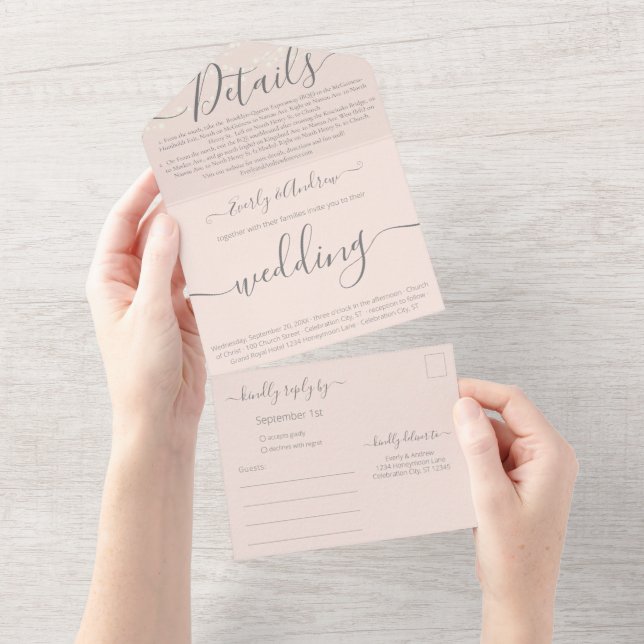 Blush Pink Your Photo Simple Modern Wedding  All In One Invitation (Tearaway)