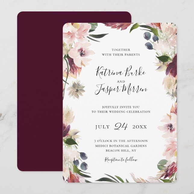 Blush Plum Botanical Floral Frame Wedding Invitation (Front/Back)