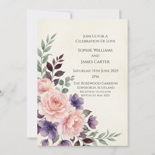 Blush Plum Floral Bouquet Wedding Invitation (Front)