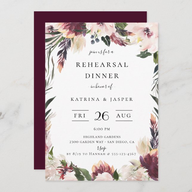 Blush Plum Floral Frame Rehearsal Dinner Invitation (Front/Back)