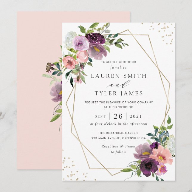 Blush Plum Floral Geometric Purple Modern Greenery Invitation (Front/Back)