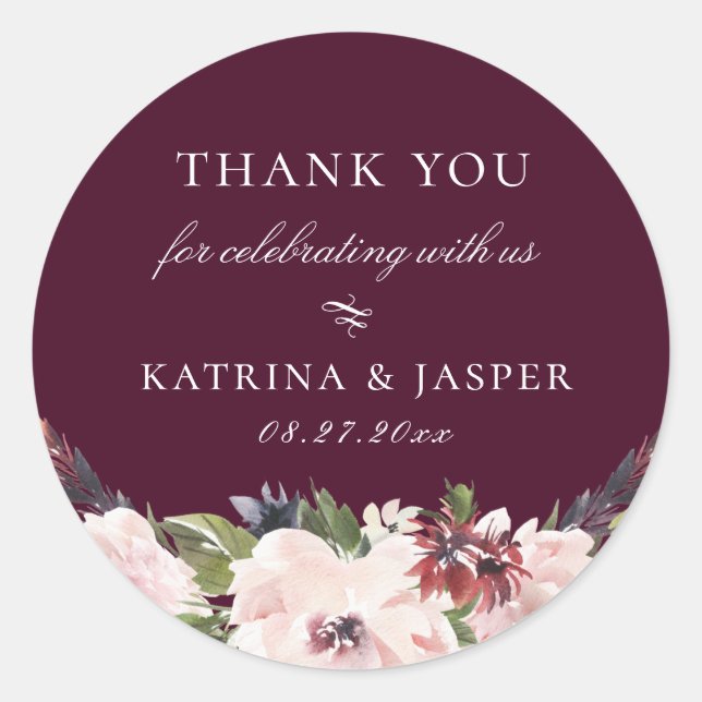 Blush Plum Floral Wedding Favour Classic Round Sticker (Front)
