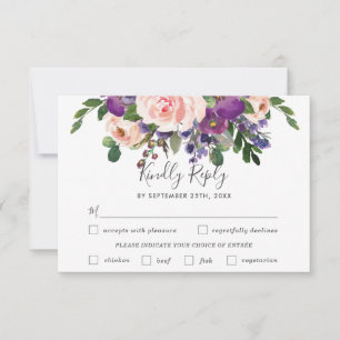 Blush Plum Floral Wedding Meal Choice RSVP Card