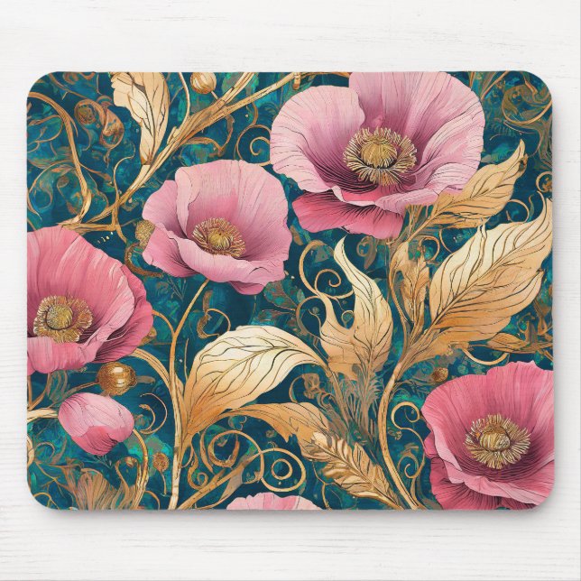 Blush Poppy Scroll  - Art Nouveau Floral Mouse Mat (Front)