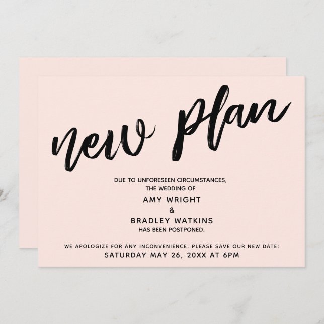 Blush Postponed Wedding Announcement New Plan Card (Front/Back)