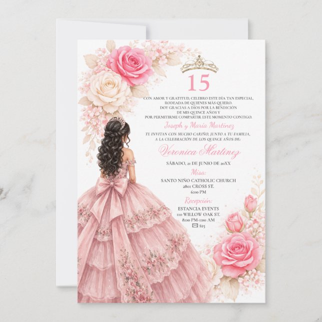 Blush Princess Dress Sweet 15 Elegant Rose Gold Invitation (Front)