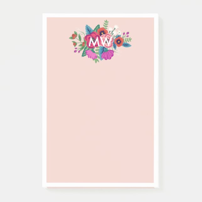 Blush Purple Boho Florals White Monogram Post-it Notes (Front)