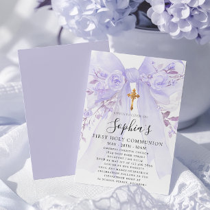 Blush Purple Bow Rose Floral Girl First Communion Invitation