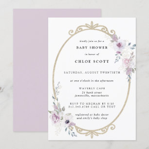 Blush Purple Floral Gold Frame Baby Shower Invitation