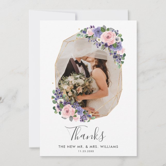 Blush Purple Floral Gold Geometric Photo Wedding Thank You Card (Front)