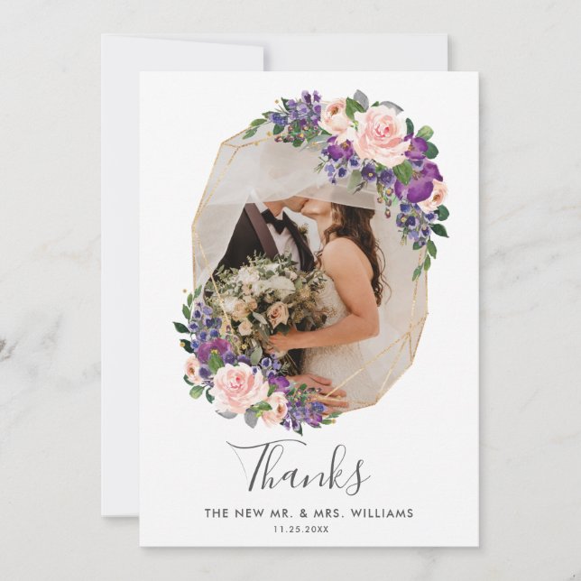 Blush Purple Floral Gold Geometric Photo Wedding Thank You Card (Front)