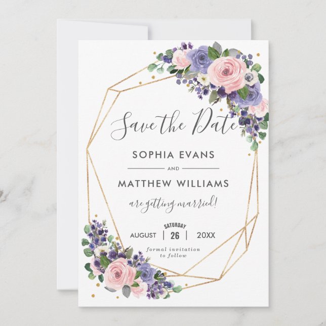 Blush Purple Floral Gold Geometric Save the Date Invitation (Front)