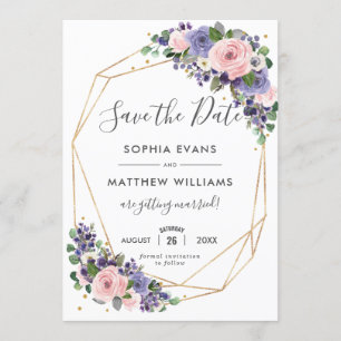 Blush Purple Floral Gold Geometric Save the Date Invitation