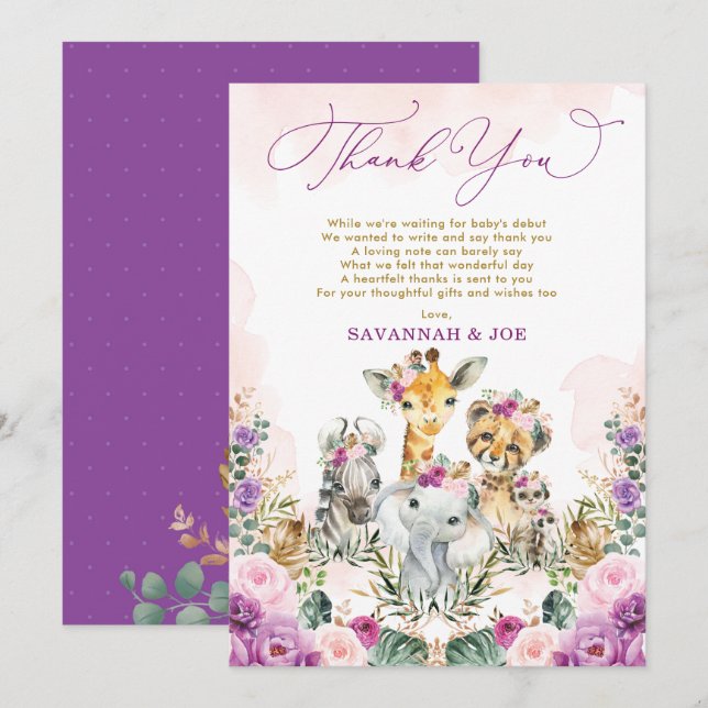 Blush Purple Floral Jungle Safari Girl Baby Shower Thank You Card (Front/Back)