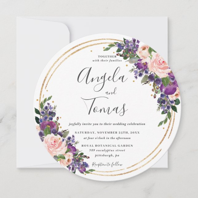 Blush Purple Floral Wedding Gold Glitter Circle Invitation (Front)