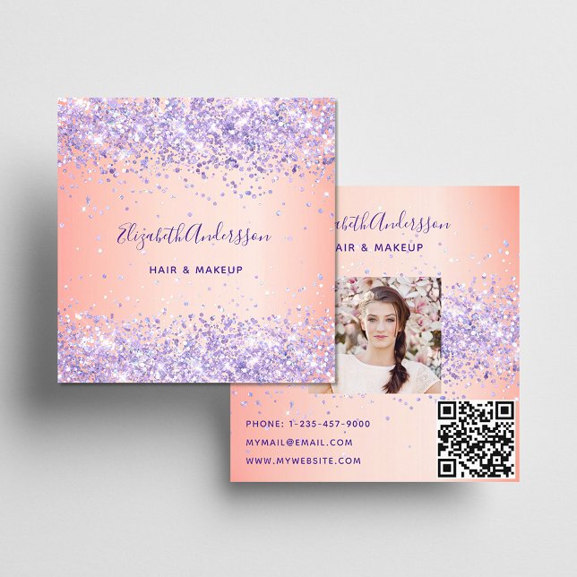 Blush purple glitter photo qr code square business card (Creator Uploaded)