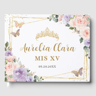 Blush Purple Lilac Floral Butterflies QUINCEAÑERA Guest Book