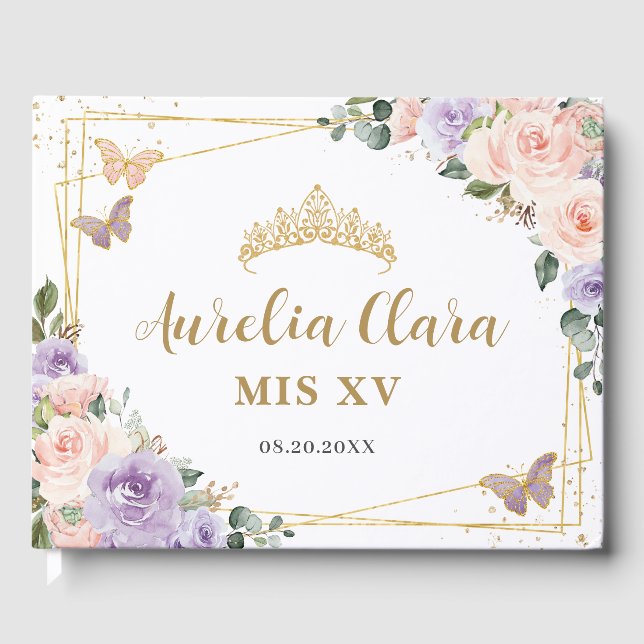 Blush Purple Lilac Floral Butterflies QUINCEAÑERA  Guest Book (Front)