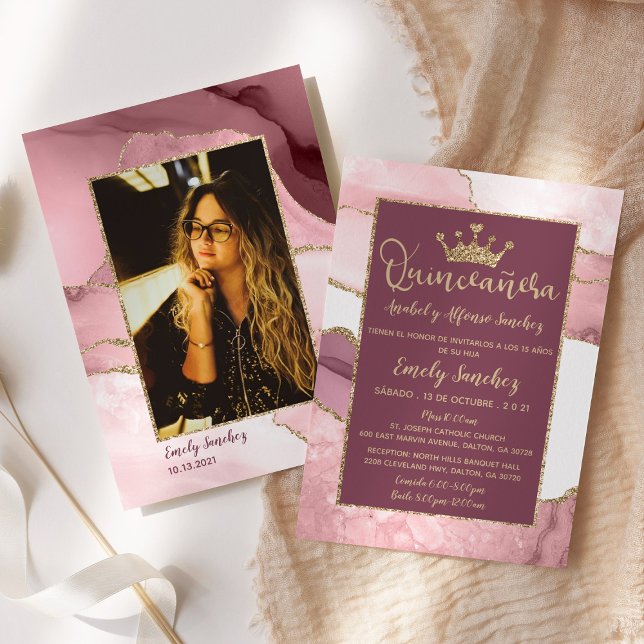 Blush Purple Pink Gold Trendy Quinceañera Photo Invitation (Creator Uploaded)