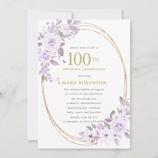 Blush Purple Rose Floral 100th Birthday Party Invitation (Front)