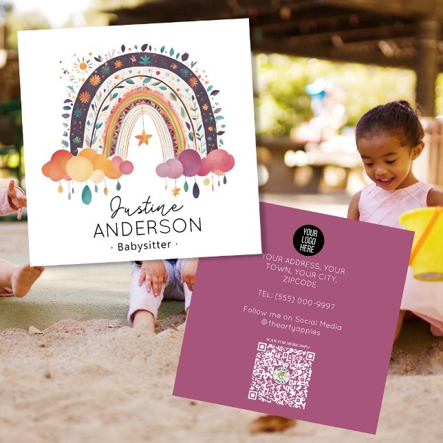 BLUSH purple SCANDI HEART RAINBOW BABYSITTER Square Business Card (Creator Uploaded)