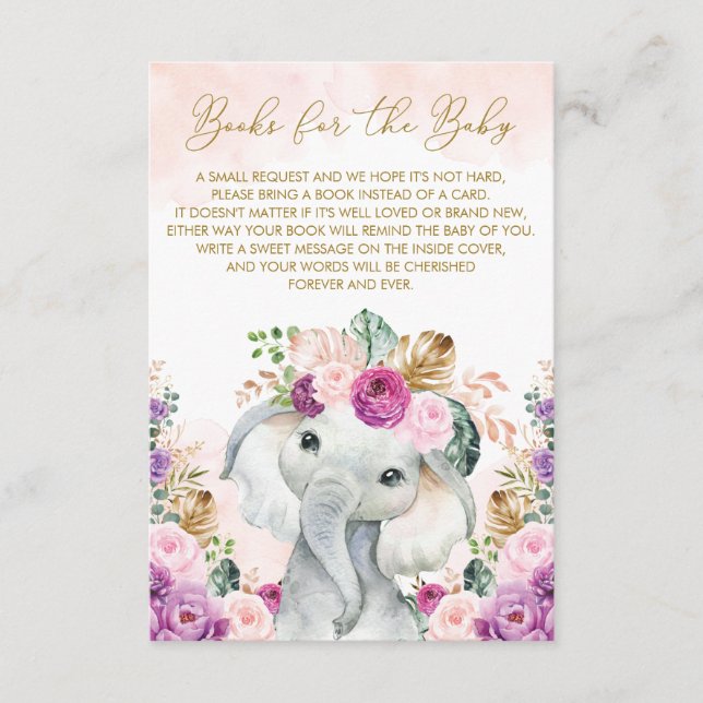 Blush Purple Tropical Floral Elephant Bring a Book Enclosure Card (Front)