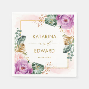 Blush Purple Tropical Floral Greenery Wedding Napkin