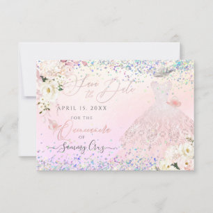 Blush Quinceanera Save Date Holographic Confetti I Invitation