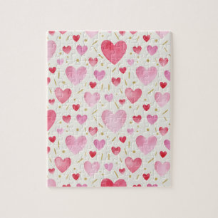 Blush Radiance Pink & Gold Watercolor Hearts Jigsaw Puzzle