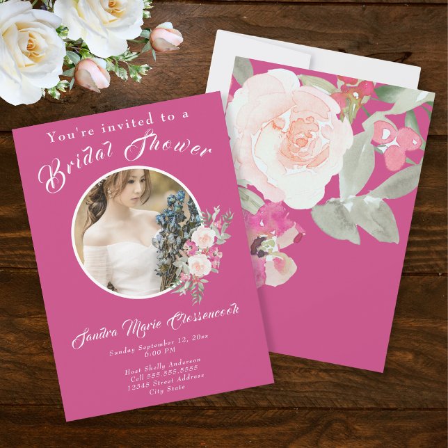 Blush & Raspberry Pink Photo Floral Bridal Shower Invitation (Creator Uploaded)