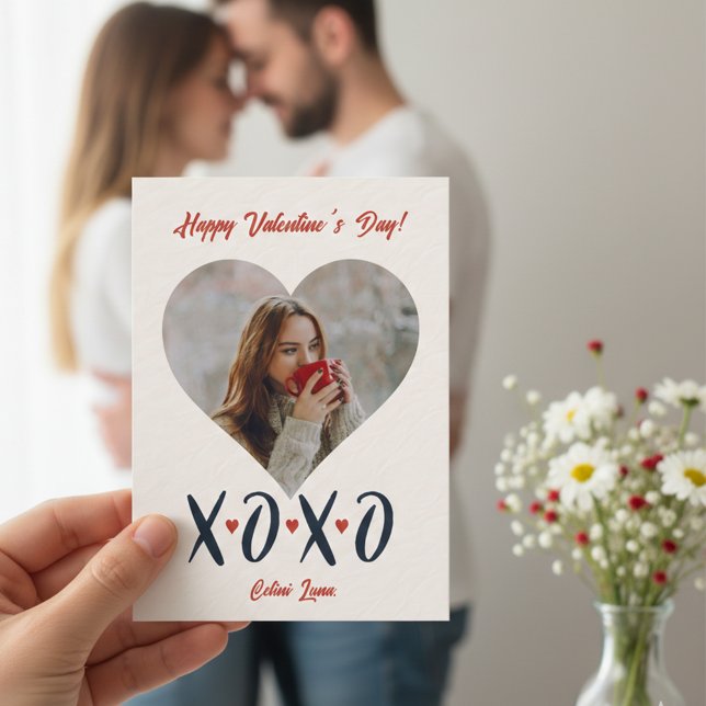 Blush Red Brushstroke XOXO Valentine's Day Photo  Holiday Card (Blush Red Brushstroke XOXO Valentine Photo Love Holiday Card)